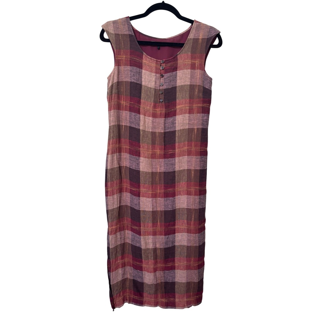 Jaeger Womens Burgundy‎ Brown Plaid Linen Blend Midi Dress Size US 6